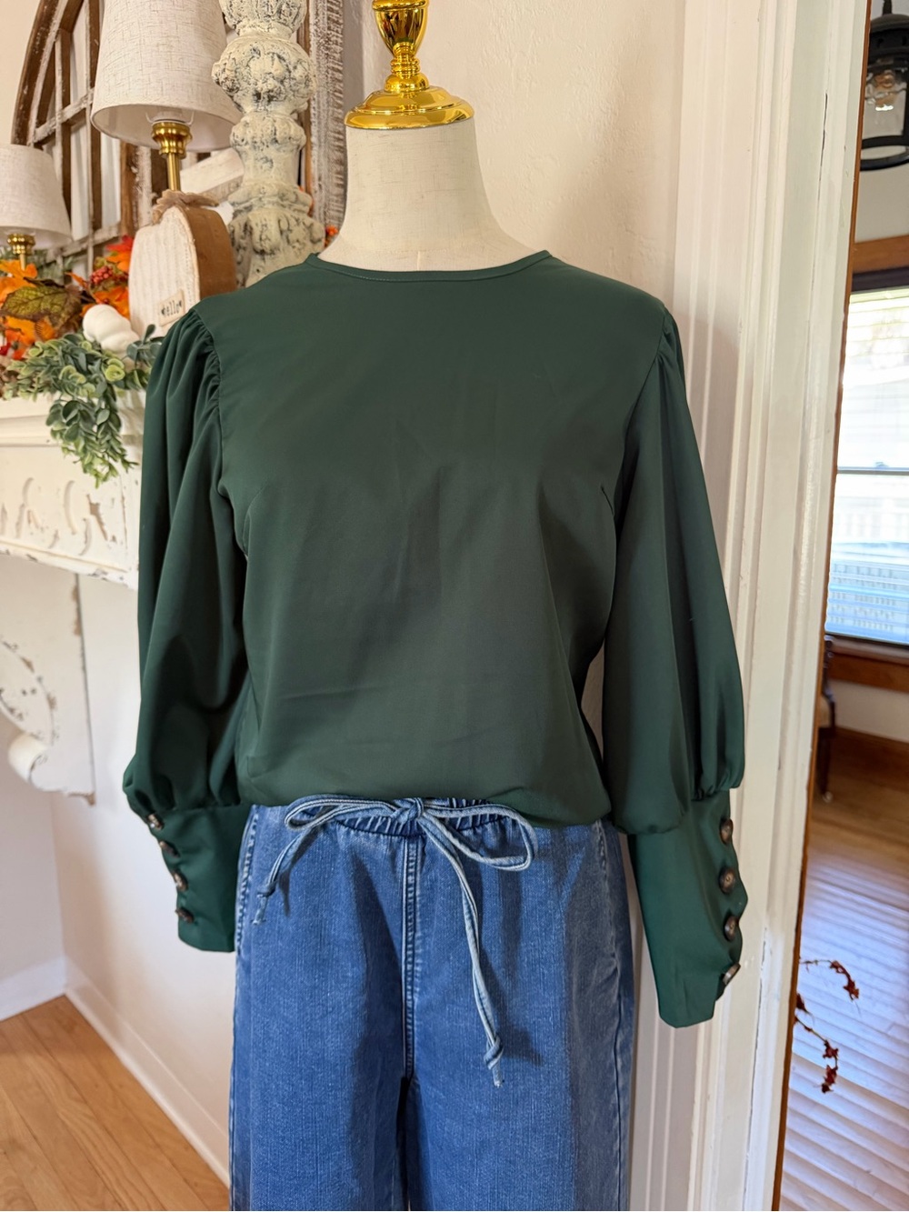 SHEIN Dark Green Puff Sleeve Blouse